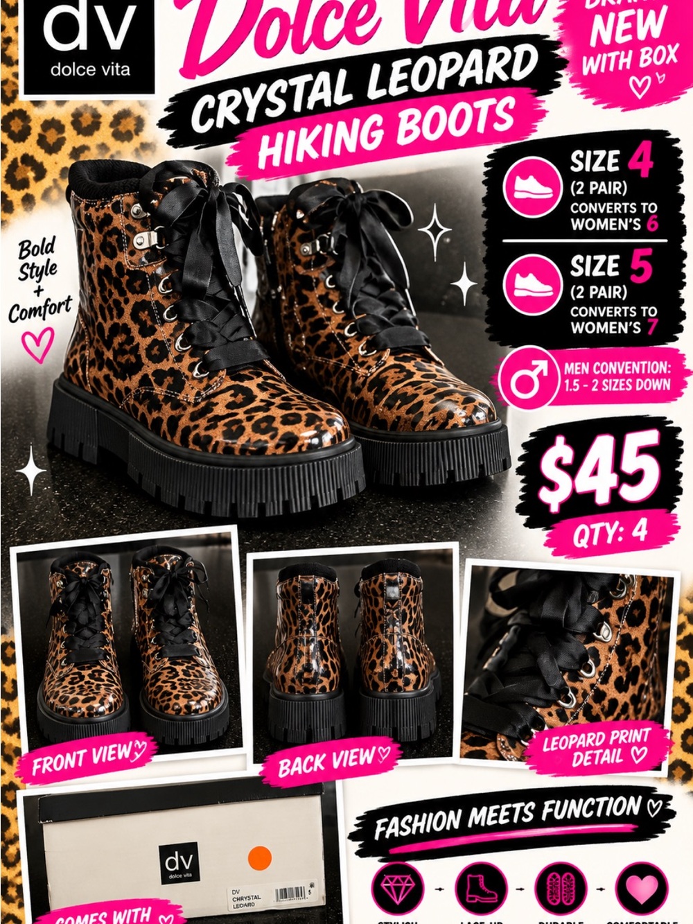 Dolce Vita Leopard Patent Combat Boots - Black & Brown